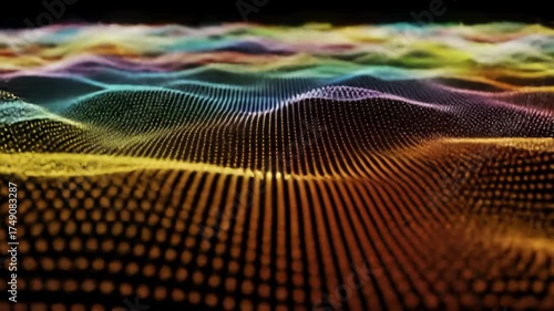 A wide-angle, hyper-realistic abstract digital wave surface of luminous pixels in neon yellows, oranges, reds, blues, greens, against a black void. A crane video reveals scale, concept of futuristic