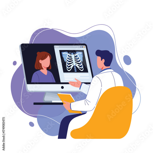 Doctor explaining X-ray results to a patient during a telehealth appointment on a computer screen.