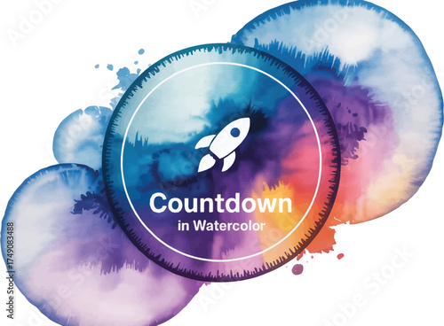 Colorful watercolor circles with rocket and countdown text evokes excitement and progress