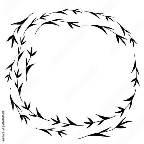Hand drawn plants, dividers, wreaths, border frames. Circle floral frame with leaves on white background. Vector hand drawn illustration for wallpaper, posters, card. Copy space. Doodle style.