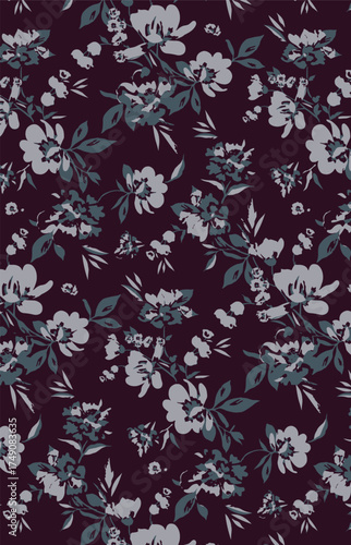 Abstract solid vector textile design, arrangement with medium two-color silhouette aster flowers, all-over seamless pattern with gray and white tone illustration, digital image printing factory