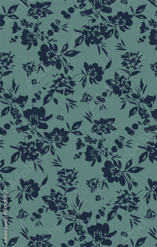 Abstract solid vector textile design, arrangement with medium two-color silhouette of hibiscus flowers, all-over seamless pattern with blue and Tosca tone color illustration, digital image prints