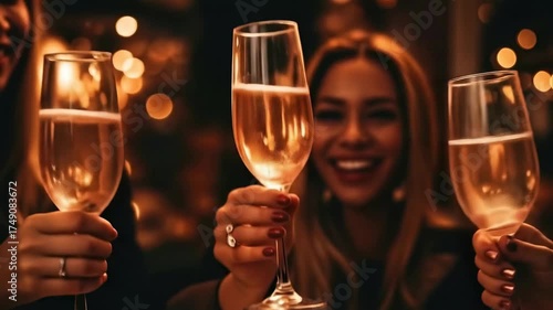 Close-up video of friends toasting with champagne glasses, warm lighting, festive vibe.