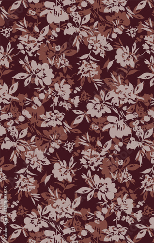 Abstract solid vector textile design, arrangement with medium monochrome silhouette hibiscus flowers, all-over seamless pattern with brown tone color illustration, digital image printing factory
