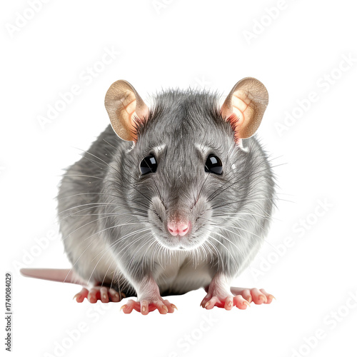 A curious gray rodent stares forward, large eyes, pink nose, long tail, isolated