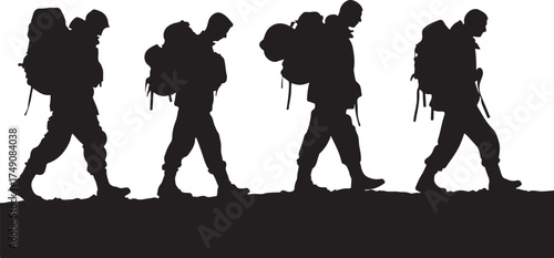 Four hikers with backpacks walking in a line silhouette isolated on white background
