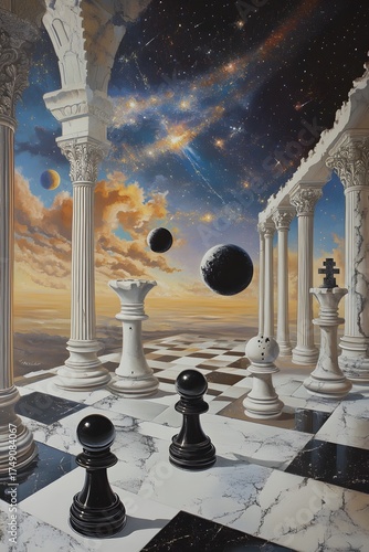Surreal Chess Landscape with Classical Pillars and Cosmic Sky - Conceptual Art Illustrating Strategic Play in a Vast, Imaginative Universe Setting
