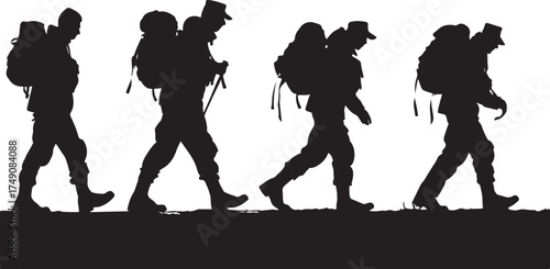 Silhouette of hikers with backpacks walking in a line isolated on white background silhouette