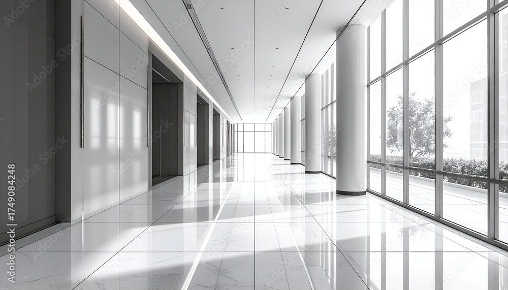 Fototapeta premium Modern office hallway featuring sleek design, bright lighting, and large windows with greenery outside