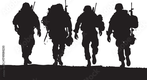 Four soldiers walking in silhouette isolated on white background