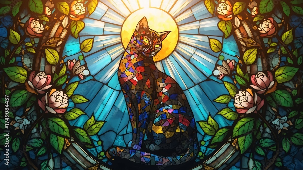 Obraz premium Artistic stained glass window depicting a colorful cat with a radiant halo and vibrant floral background in blue and gold tones.