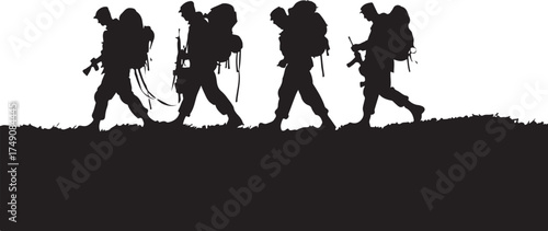 Four soldiers walking in silhouette isolated on white background