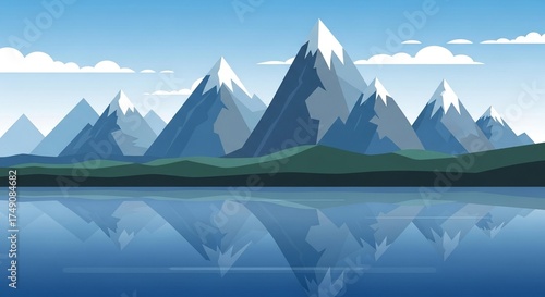 Flat Mountain Landscape Illustration with Lake
