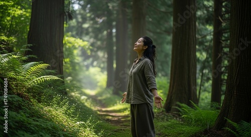 Woman Standing in Sunlit Forest for Mindfulness and Wellness
