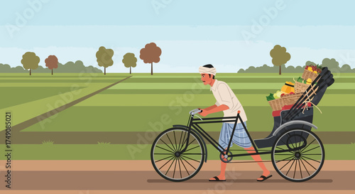 Illustration of a rural rickshaw puller transporting goods through a serene landscape scene