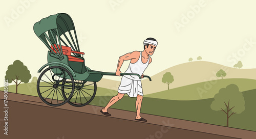 Illustration of a rickshaw puller exerting effort uphill on a road amidst a scenic backdrop