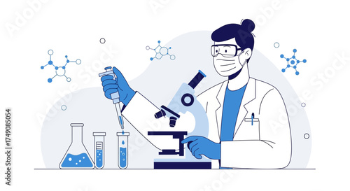 Illustration of a scientist working in a lab with microscope and test tubes conducting research