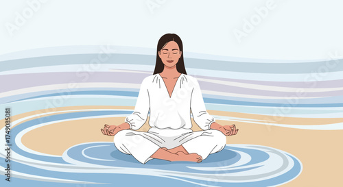 Illustration of a serene woman meditating in lotus position against a tranquil background