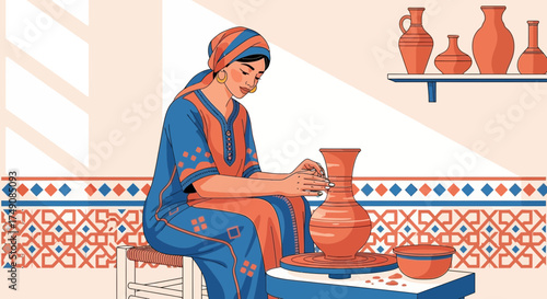 Illustration of a skilled artisan shaping clay on a pottery wheel in her workshop
