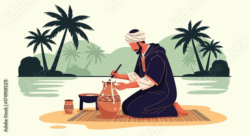 Illustration of a traditional artisan decorating a pottery vessel in a scenic desert oasis setting