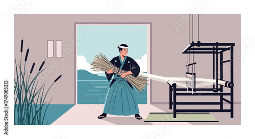Illustration of a traditional Japanese craftsman weaving with a loom in his workshop near the lake