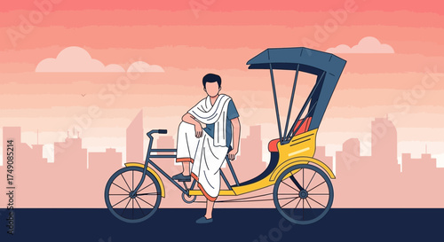 Illustration of a traditional Indian rickshaw puller in dhoti with city skyline backdrop