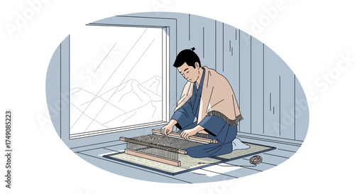 Illustration of a traditionally dressed Japanese man weaving by a window with a mountain view