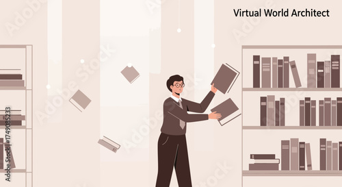 Illustration of a virtual world architect with books in a library setting