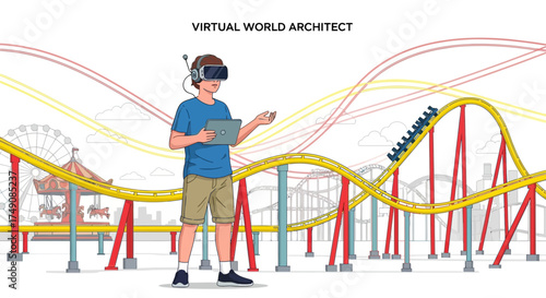 Illustration of a virtual world architect designing a rollercoaster using VR technology in a