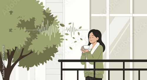 Illustration of a woman enjoying a quiet moment with tea on her balcony amidst nature's sounds