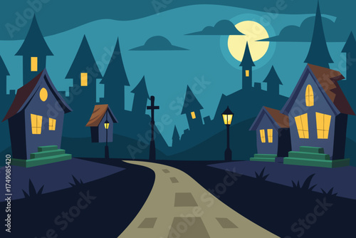 Cartoon eerie village street scene vector illustration