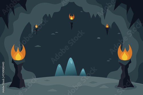 Cartoon bat cave with glowing torches vector illustration