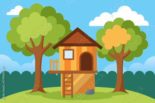 Cartoon children's treehouse yard vector illustration