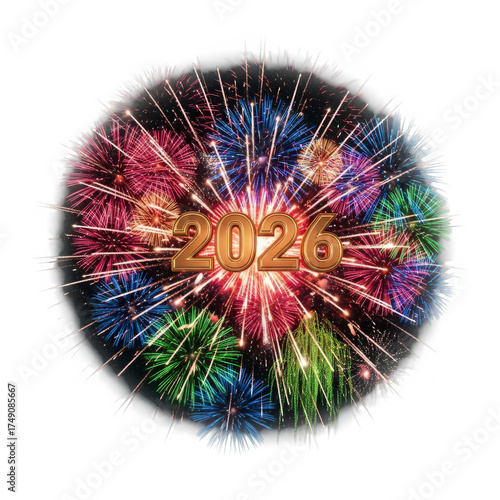Golden 2020 text within colorful fireworks display isolated on transparent background