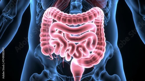 full-body 3d human anatomical model, translucent blue glow, large intestine highlighted pinkish-red, cinematic zoom-in against black void. concept of advanced medical visualization