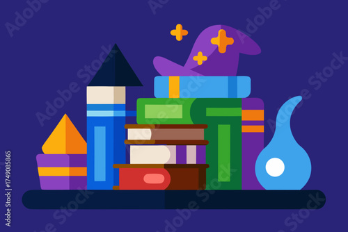 Cartoon wizard's library with books vector illustration