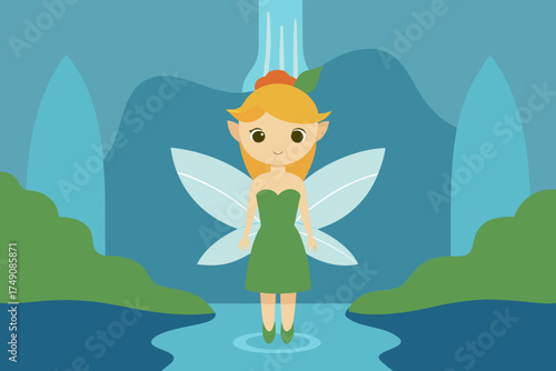 Cartoon fairy glen by a waterfall vector illustration