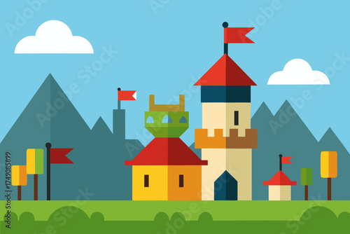 Cartoon knight village with flags vector illustration