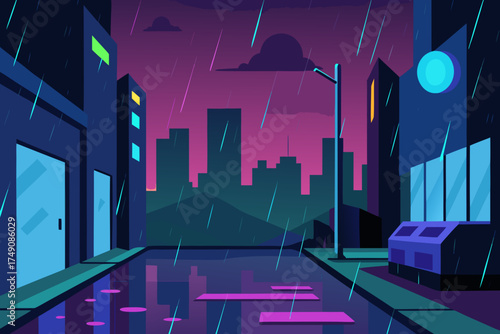Cartoon cyberpunk rain alley vector illustration