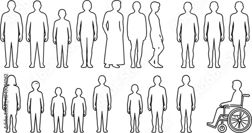 Outlines of diverse people, showcasing various ages, genders, and abilities, promoting inclusivity, representation, and human connection