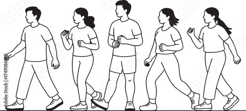A group of people are walking and running together, showcasing a diverse range of ages and body types, they are engaged in physical activity and promoting healthy lifestyle