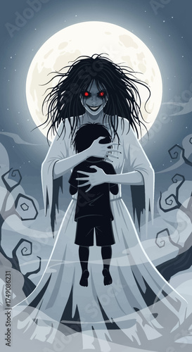 Emotional horror vector of Wewe Gombel ghost holding a child in foggy night, cinematic flat style, ideal for mythology or paranormal illustration use.