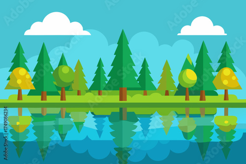 Cartoon forest lake reflections vector illustration