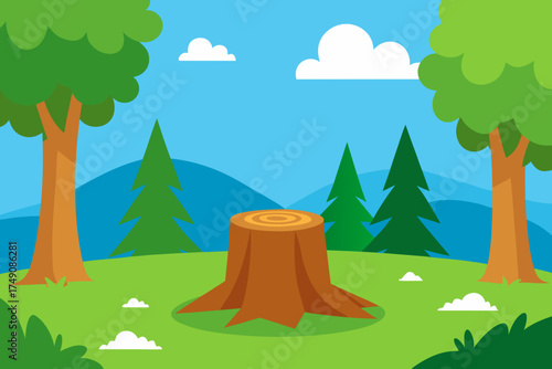 Cartoon forest clearing with a tree stump vector illustration