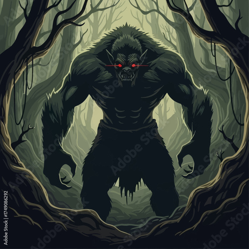 Genderuwo Vector Illustration. Powerful Javanese spirit with a muscular silhouette and glowing red eyes. Semi-realistic horror with strong shadows and an intense mood.