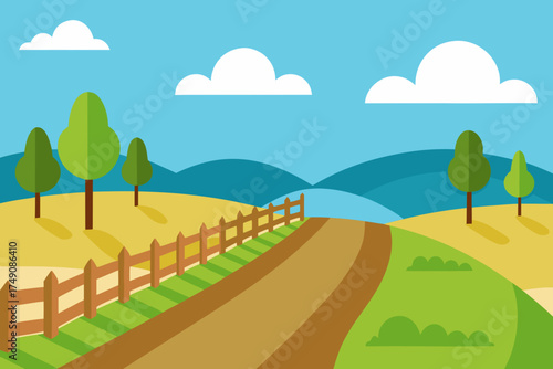 Cartoon countryside road with fences vector illustration