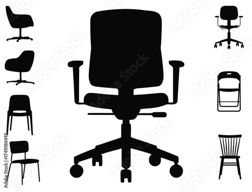 Chair Silhouettes Collection, Office, Dining, and Modern Chair Vector Set