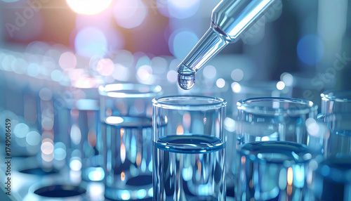 Science in the Lab: A close-up view captures the meticulous process of scientific research, as a pipette dispenses a precise drop of liquid into a glass vial.