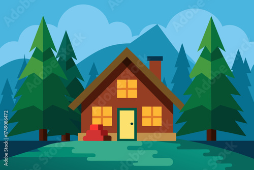 Cartoon cozy cabin in the woods vector illustration