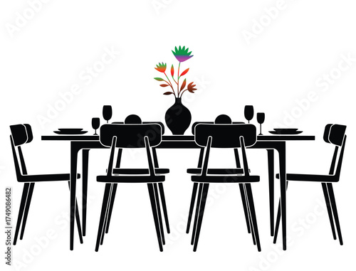 Modern Dining Table Silhouette with Chairs and Vase of Flowers